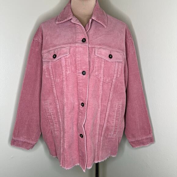 Zara Corduroy Jacket Small Womens Pink Shacket Raw Hem Frayed Oversized Relaxed - Picture 1 of 10